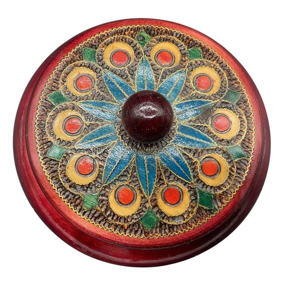 Hand Painted & Carved Red Wood Lacquered Lidded Bowl 3"H x 5"D - Picture 2 of 7